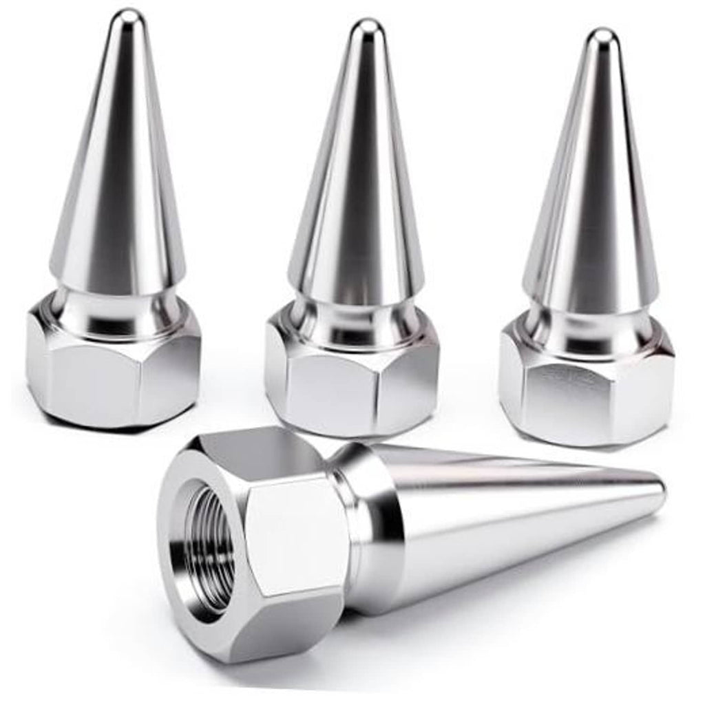 4-pack silver spiked tire valve stem caps with threaded ends and hex bases