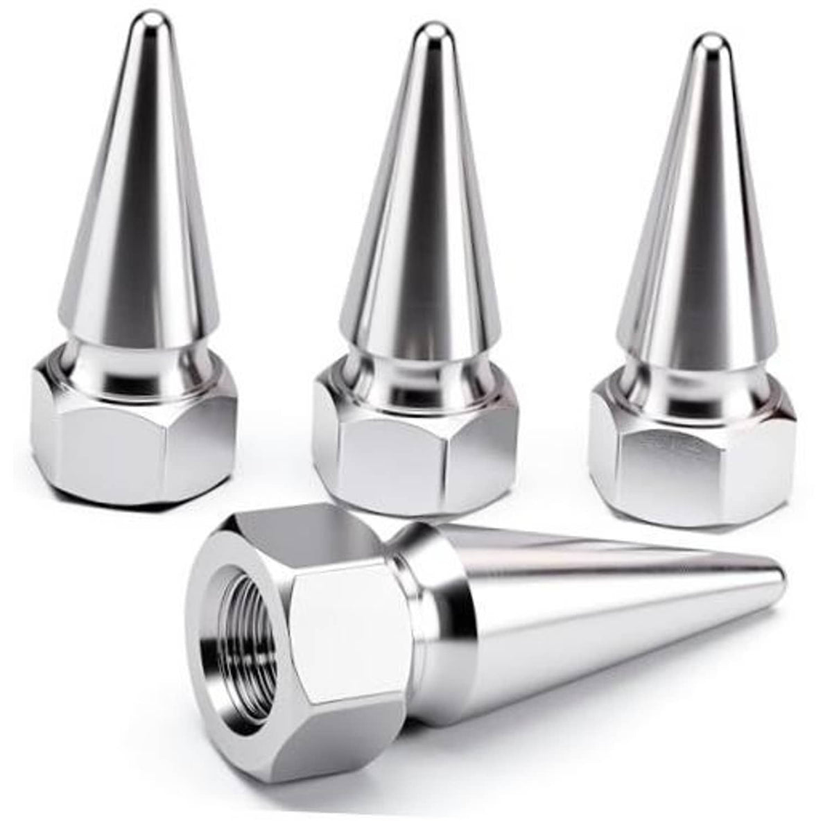 4-pack silver spiked tire valve stem caps with threaded ends and hex bases