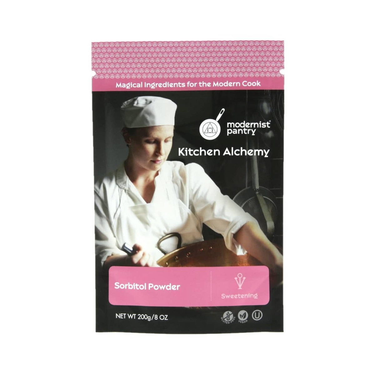 Sorbitol powder pouch, dark bag with pink label and net wt 200g/8oz.