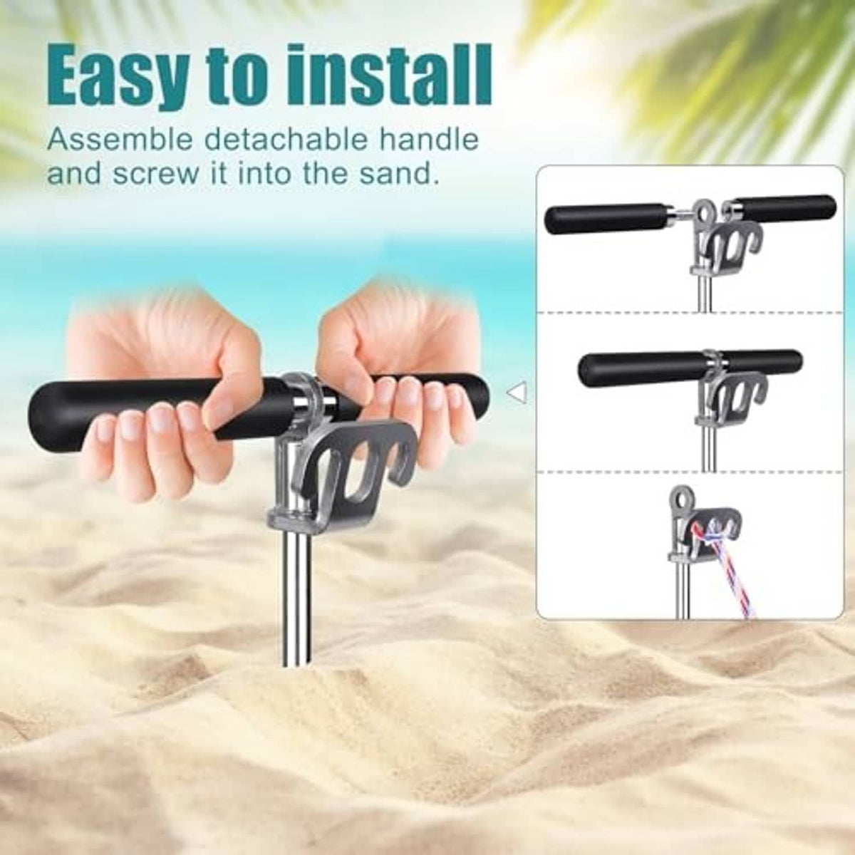 Sand anchor with detachable handle assembly, screw-in shaft and rope included