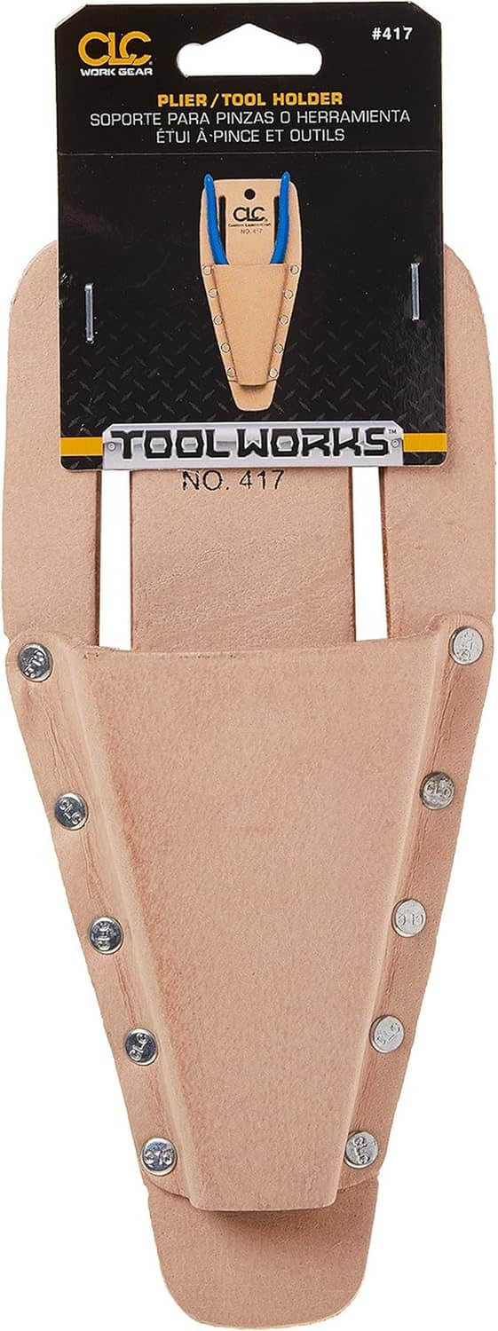 Tan leather pliers tool holder with two metal rivets and open slots for tools