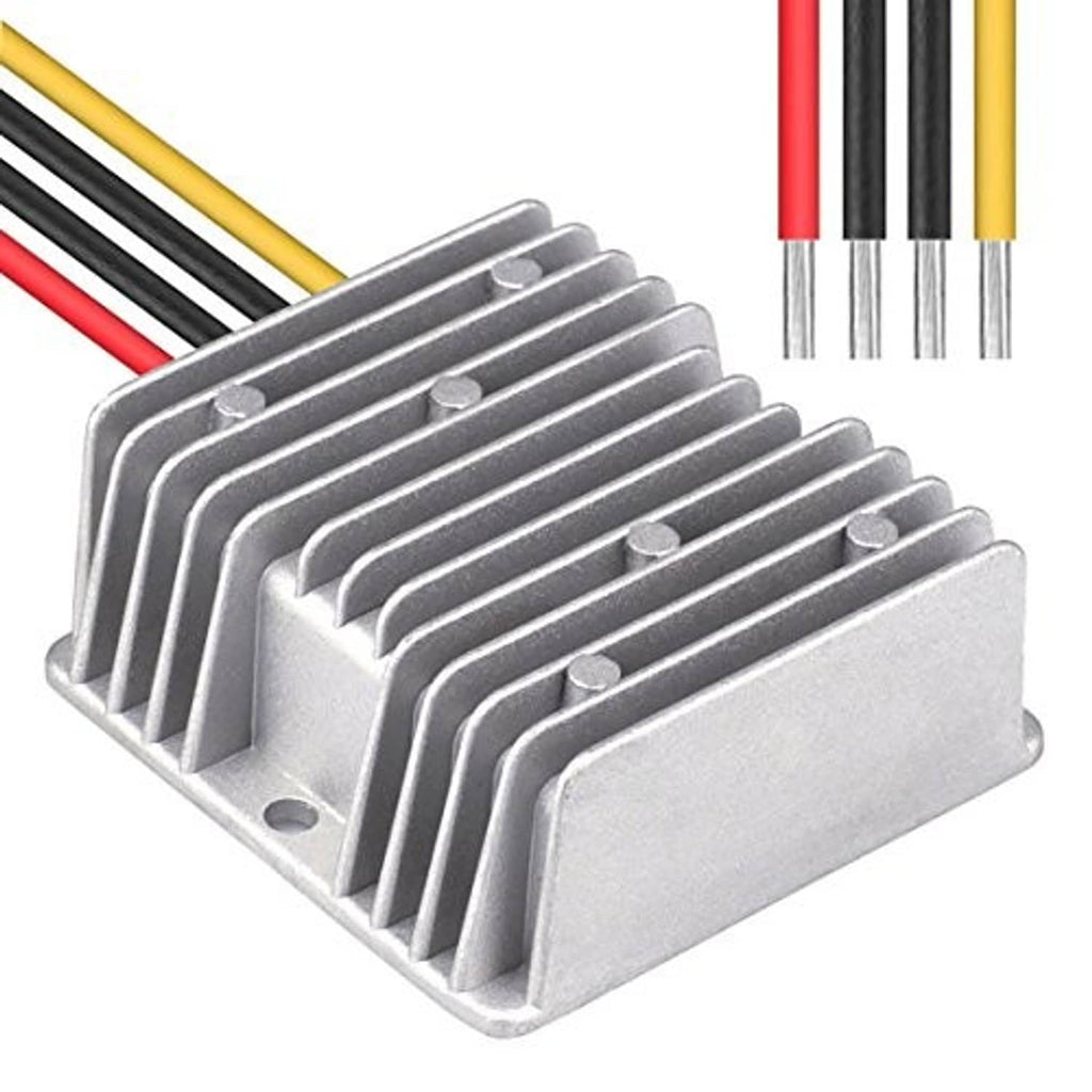 Metal heatsink DC converter with red, yellow, and black input/output wires
