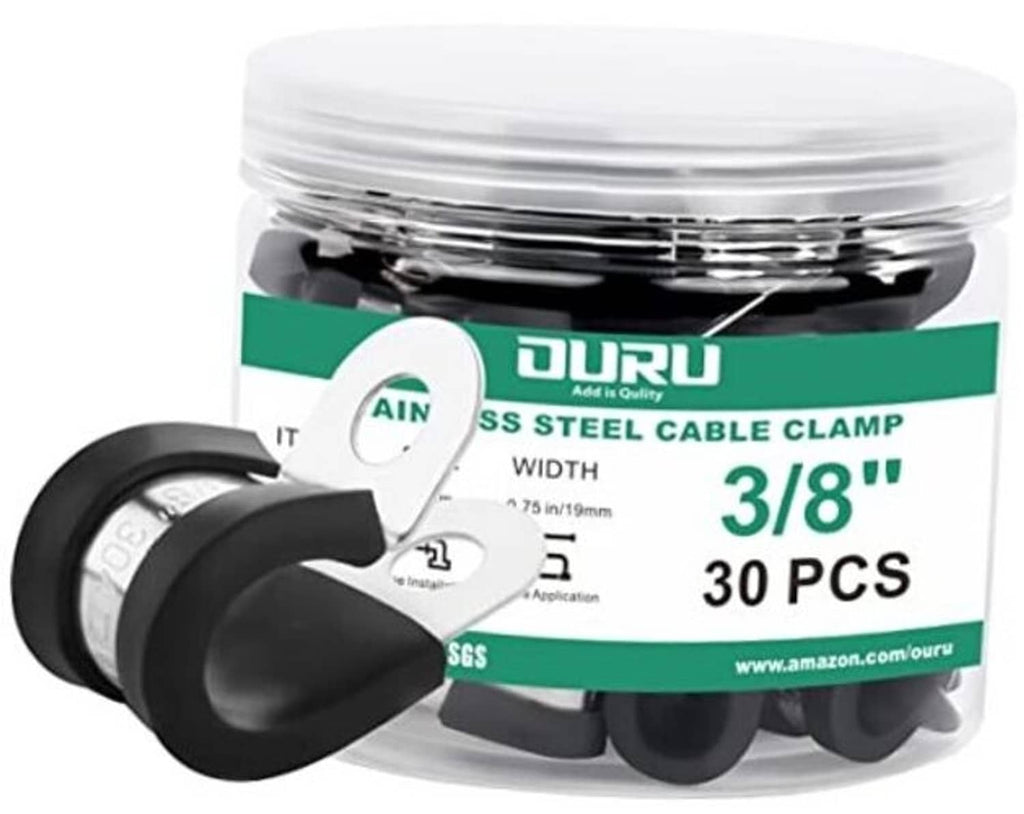 Rubber-coated 3/8 in stainless cable clamps, black rubber, 30-pack