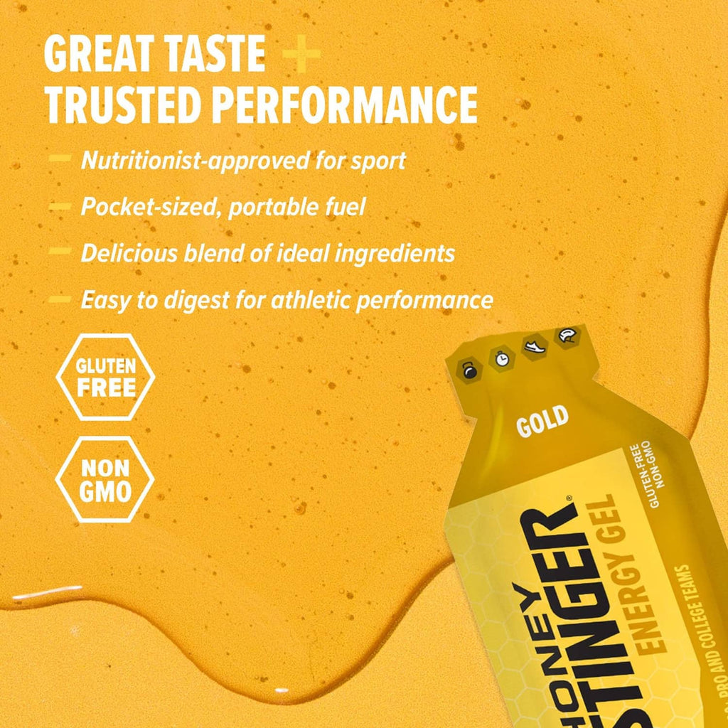 Gluten-free Gold energy gel packet with honey-colored gel
