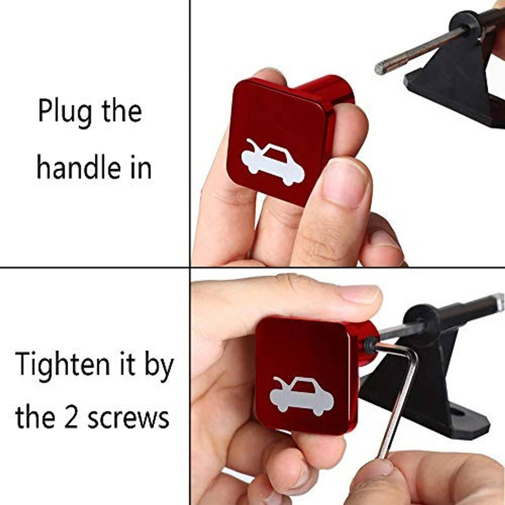 Red hood release latch handle held in hand while tightening screws with a tool