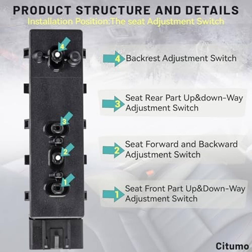Black seat adjustment switch assembly with four adjustment control locations