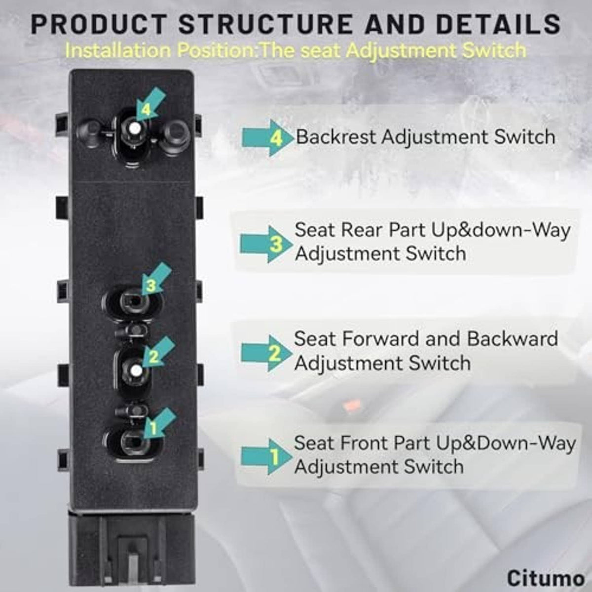 Black seat adjustment switch assembly with four adjustment control locations