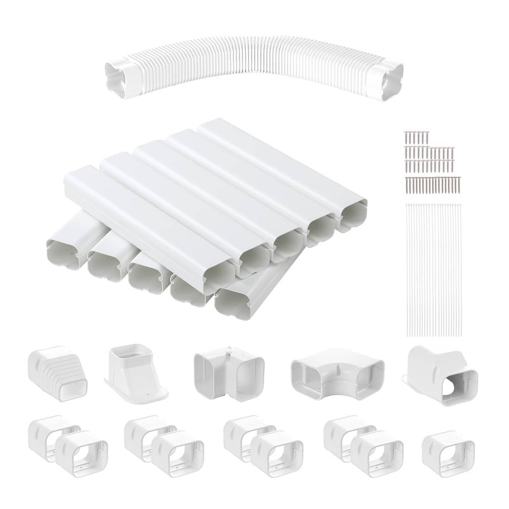 White PVC mini-split line set cover kit with curved cover section, straight covers, and corner pieces
