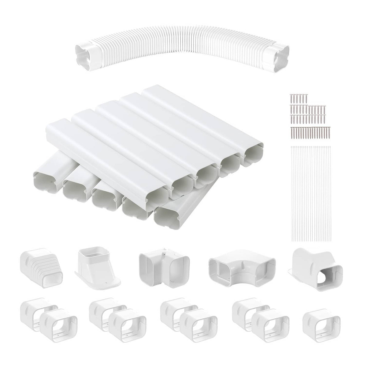 White PVC mini-split line set cover kit with curved cover section, straight covers, and corner pieces