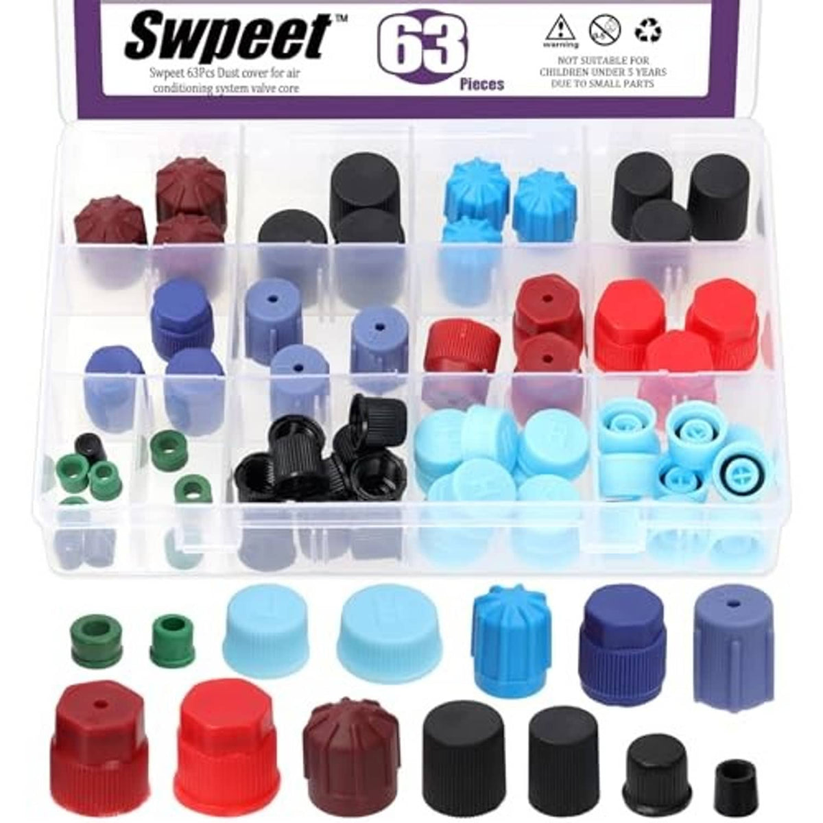 Auto A/C valve core caps set with assorted blue, red, black, green covers in box