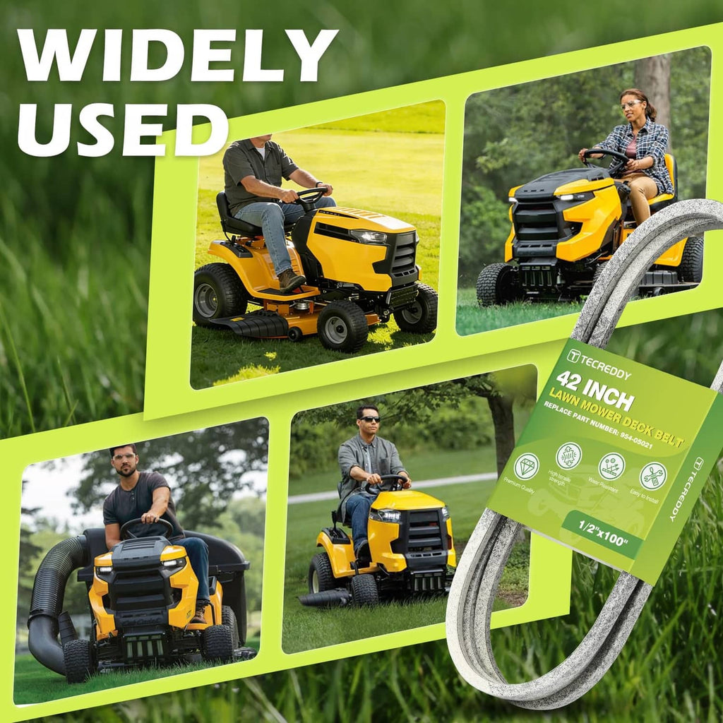 42-inch mower deck belt shown beside riding mower in use
