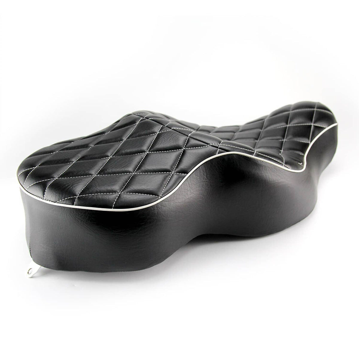 Black two-up motorcycle seat cushion with quilted top and side profile with mounting loop