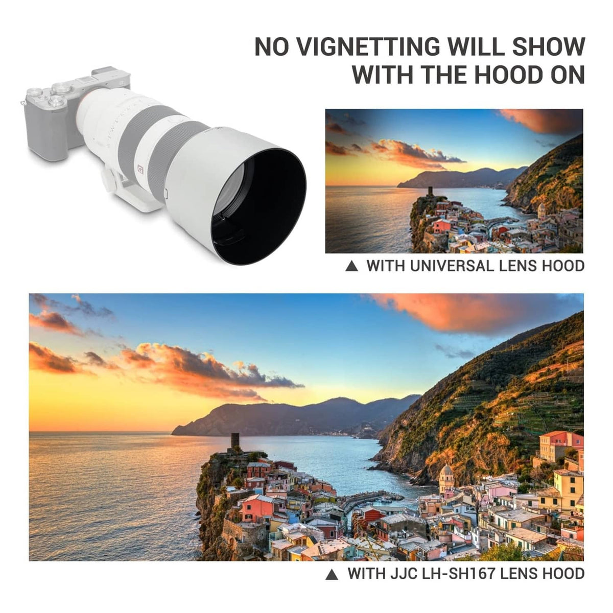 White telephoto lens with lens hood attached, large front opening visible