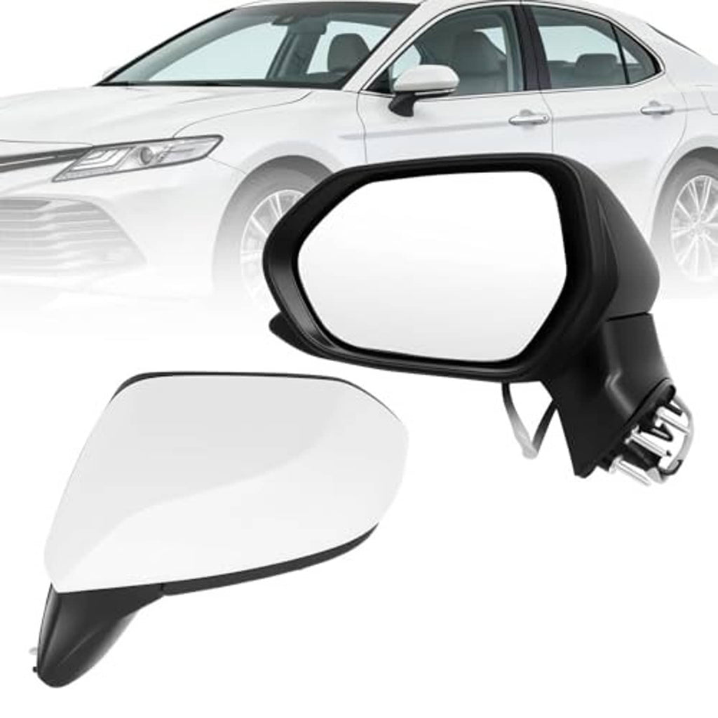 White driver side mirror assembly with black cover and mounting connector