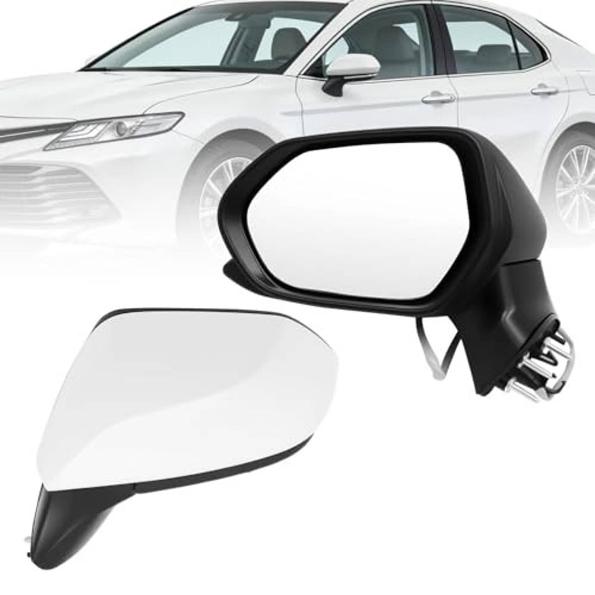 White driver side mirror assembly with black cover and mounting connector