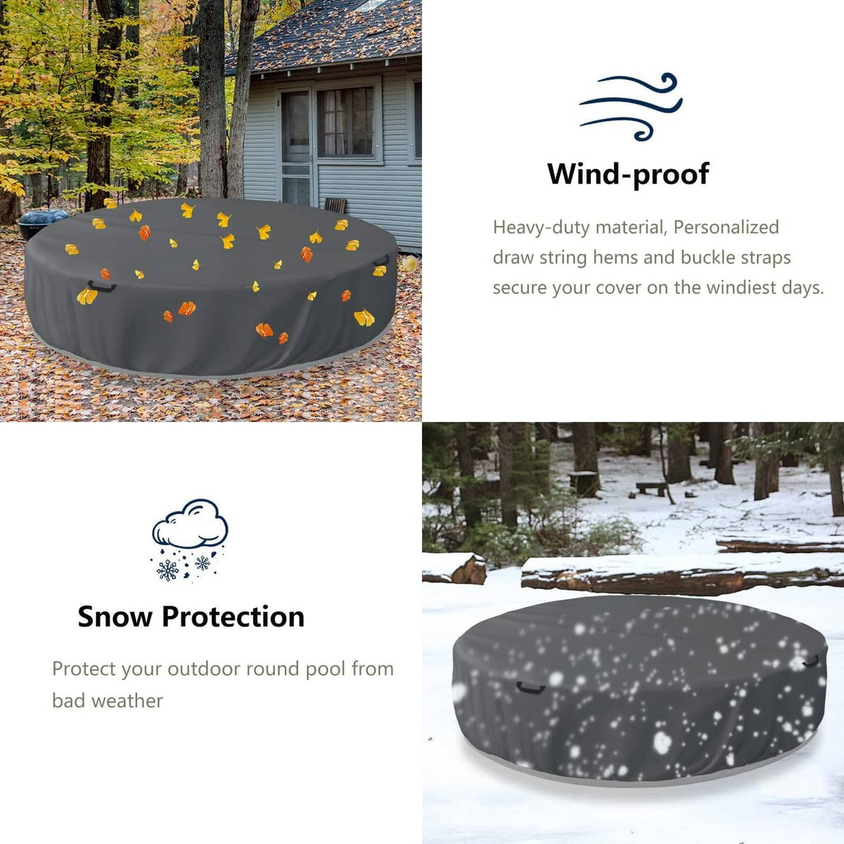 Grey round stock tank pool cover with water-resistant surface and side handle loops.