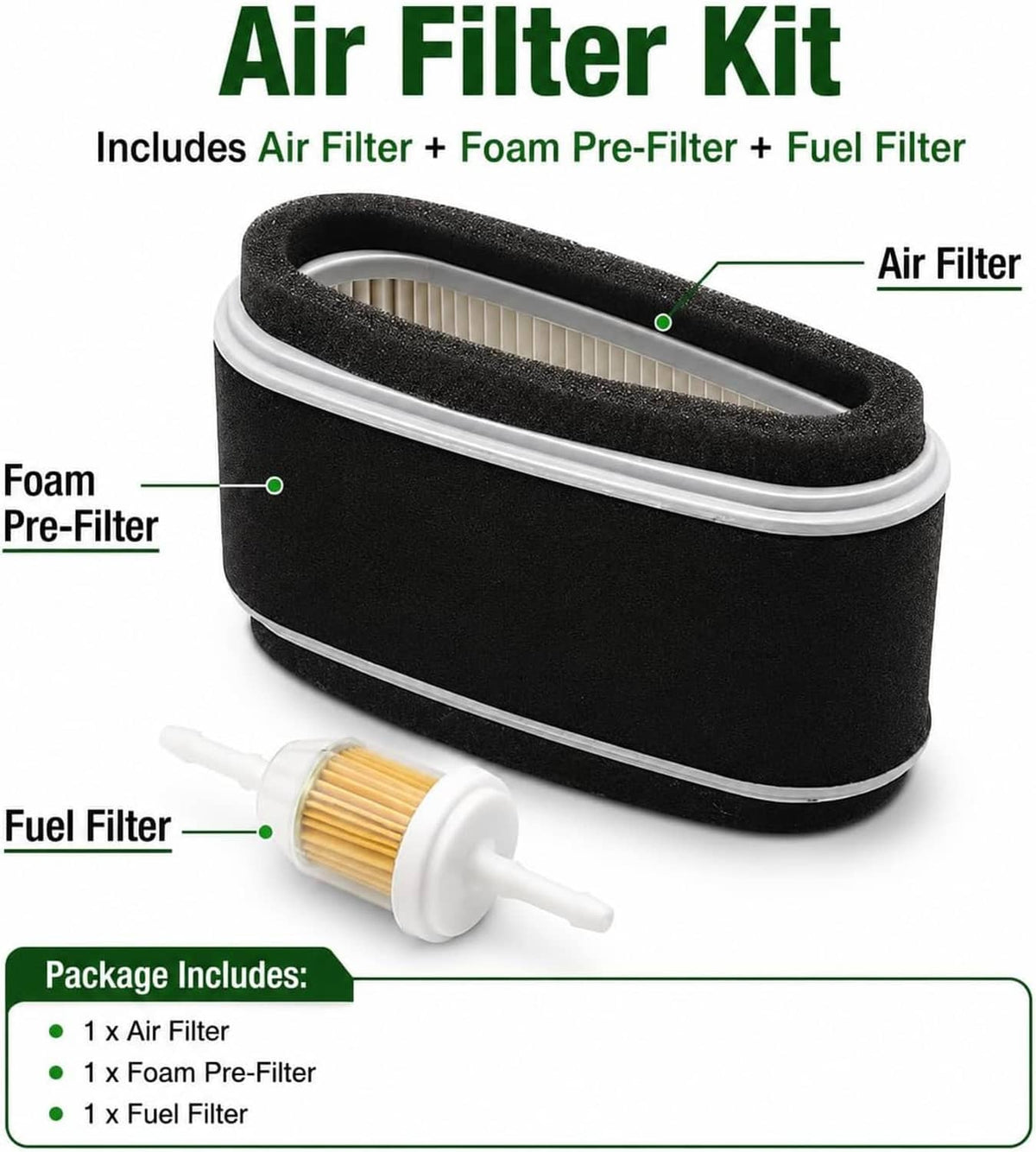 Air filter kit includes air filter, foam pre-filter, and white fuel filter