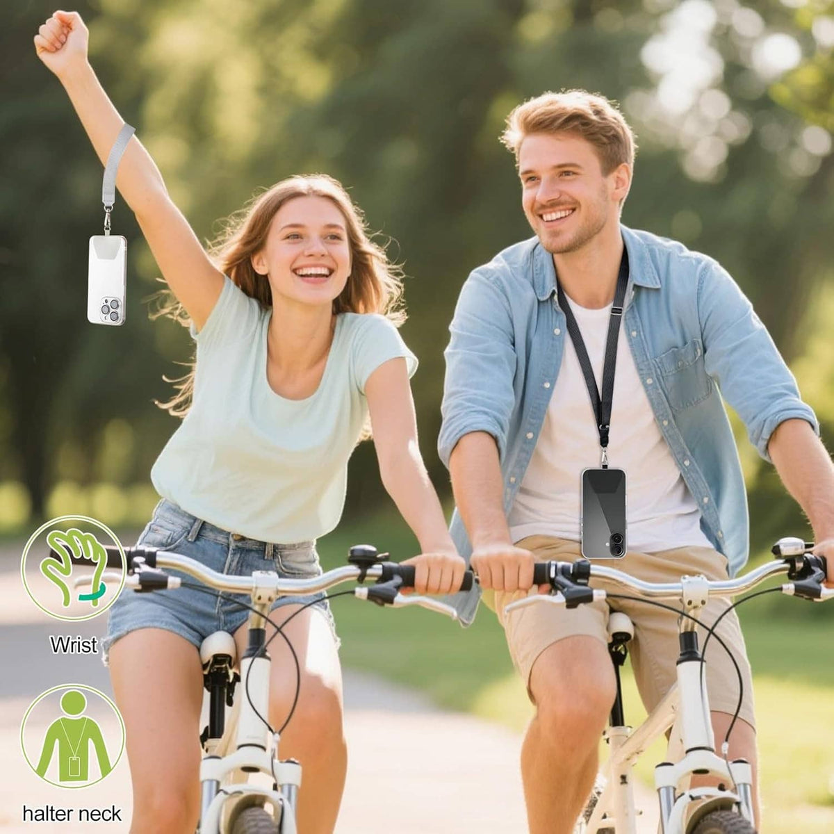 Phone lanyard worn outdoors on bikes, with adjustable strap and clear phone holder