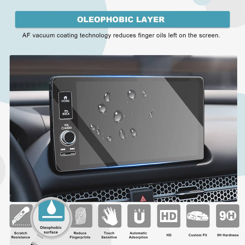 Oleophobic tempered glass screen protector with water droplets on car display
