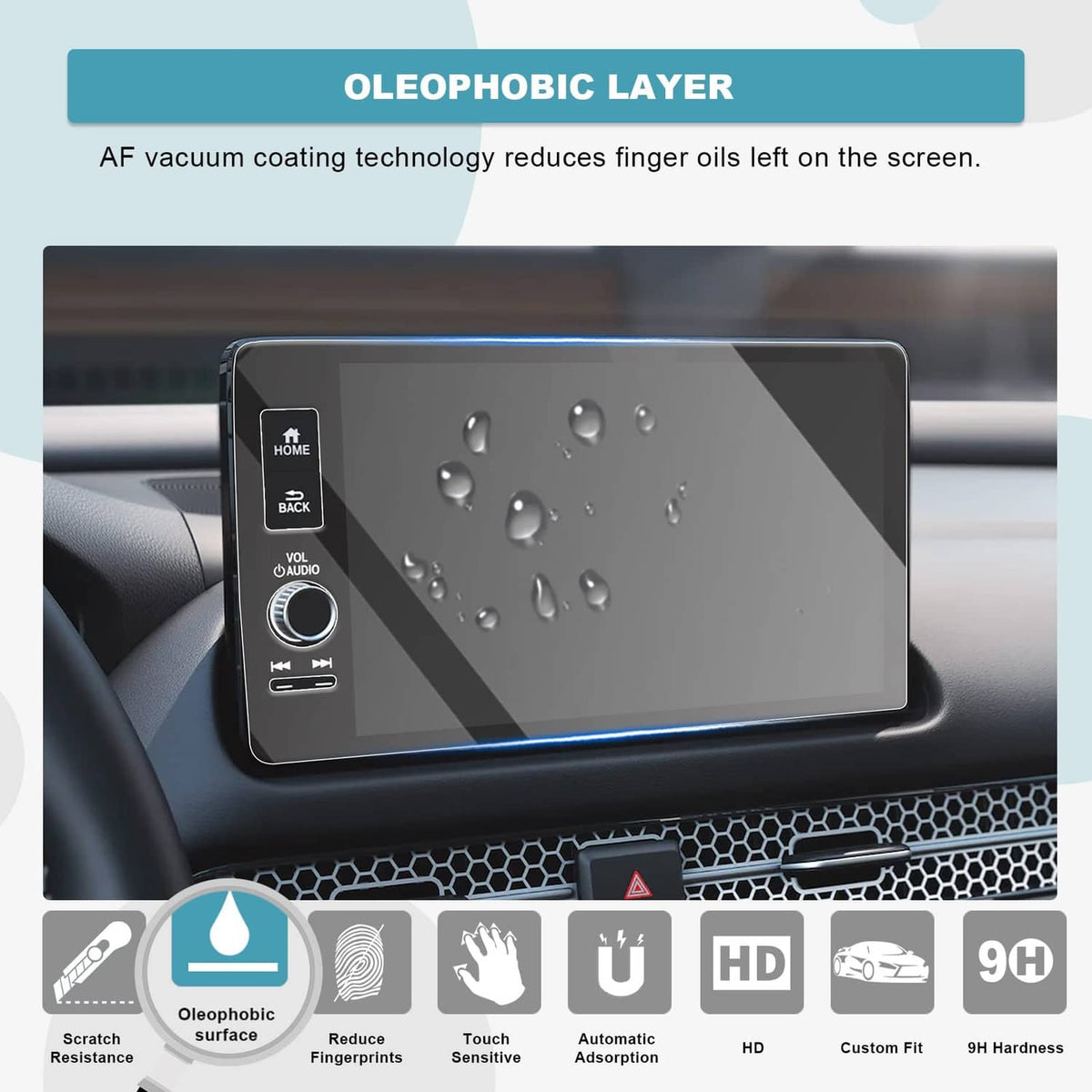 Oleophobic tempered glass screen protector with water droplets on car display