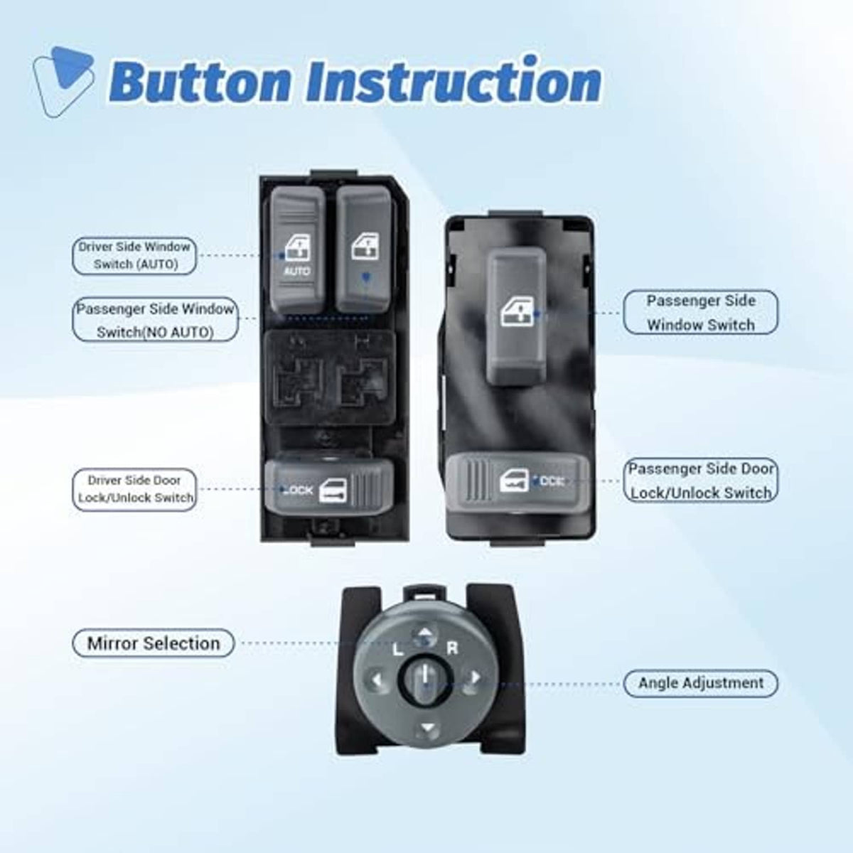 Window switch set with mirror selection dial and lock/unlock buttons