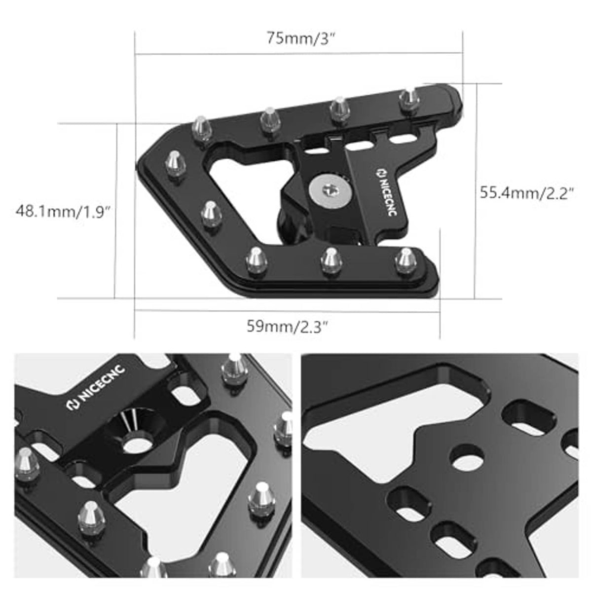 Black brake pedal extender plate with bolt holes and central mounting screw.