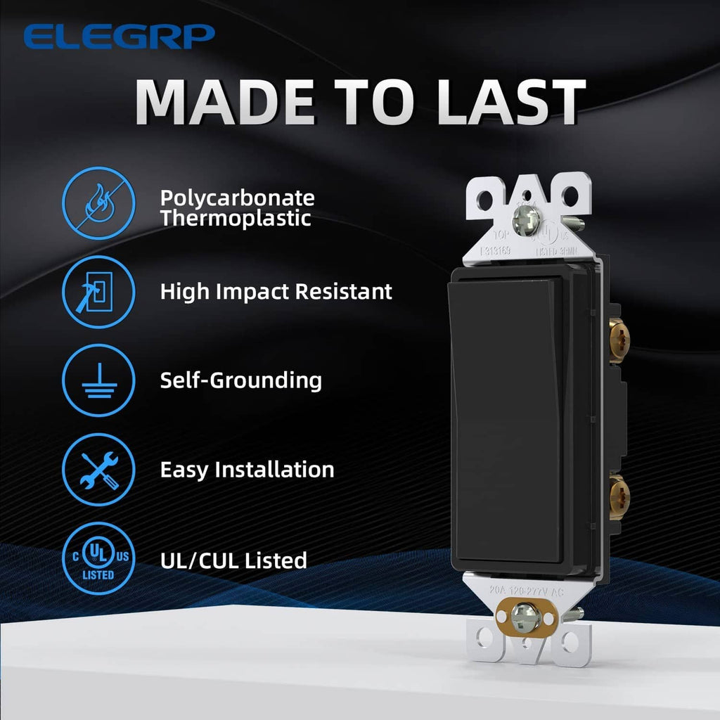 Glossy black single-pole light switch with side terminals and mounting bracket