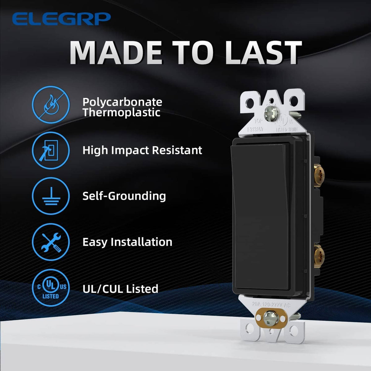 Glossy black single-pole light switch with side terminals and mounting bracket