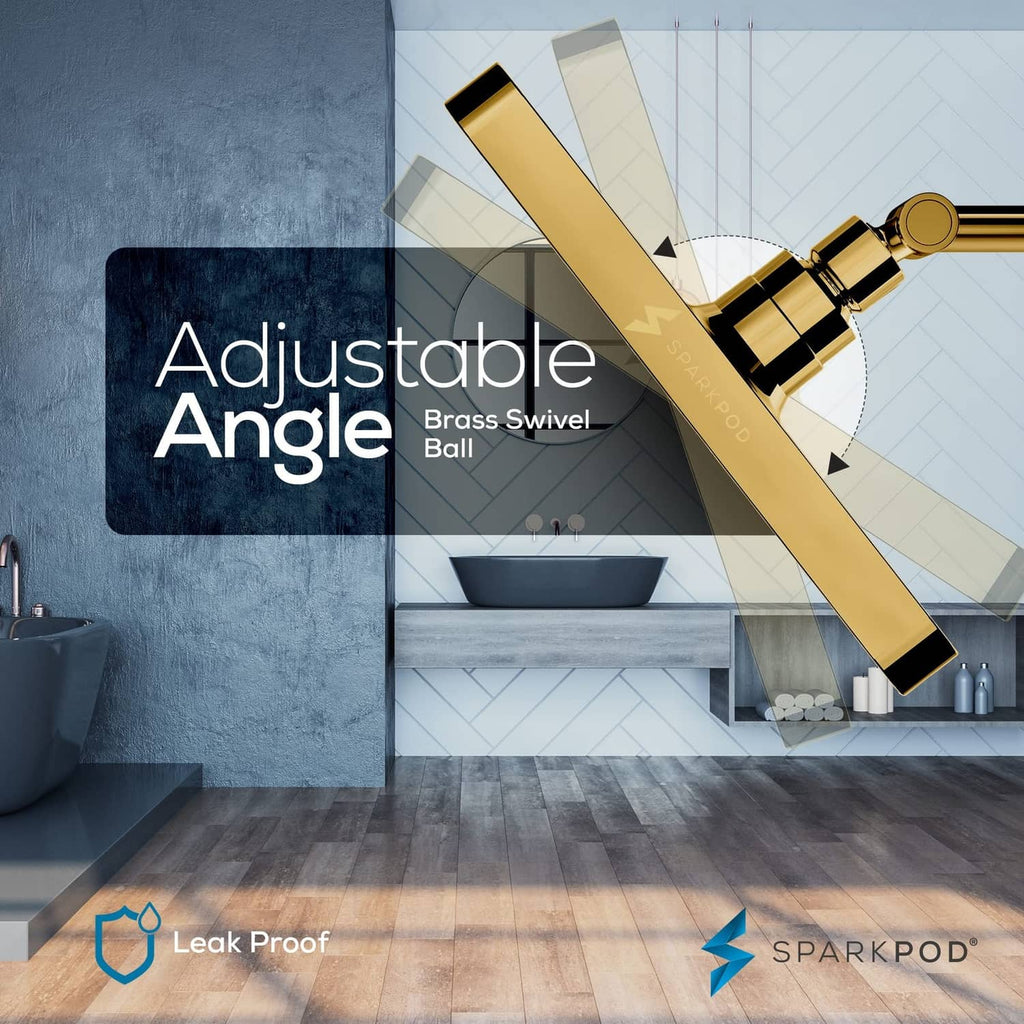Gold adjustable-angle rain shower head with brass swivel ball and square face