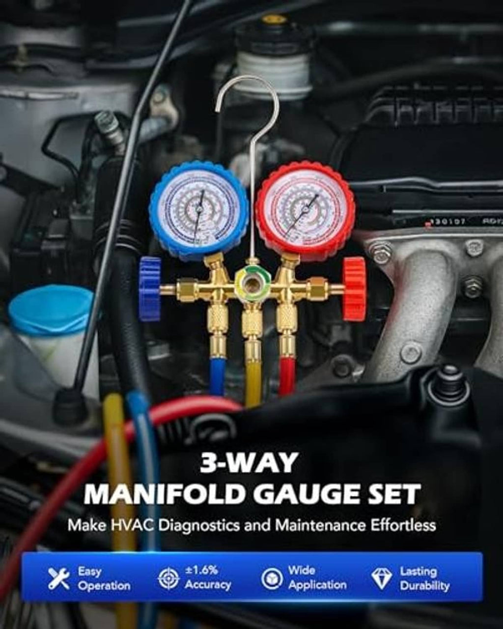 3-way AC manifold gauge set with blue and red gauges and brass valve manifold
