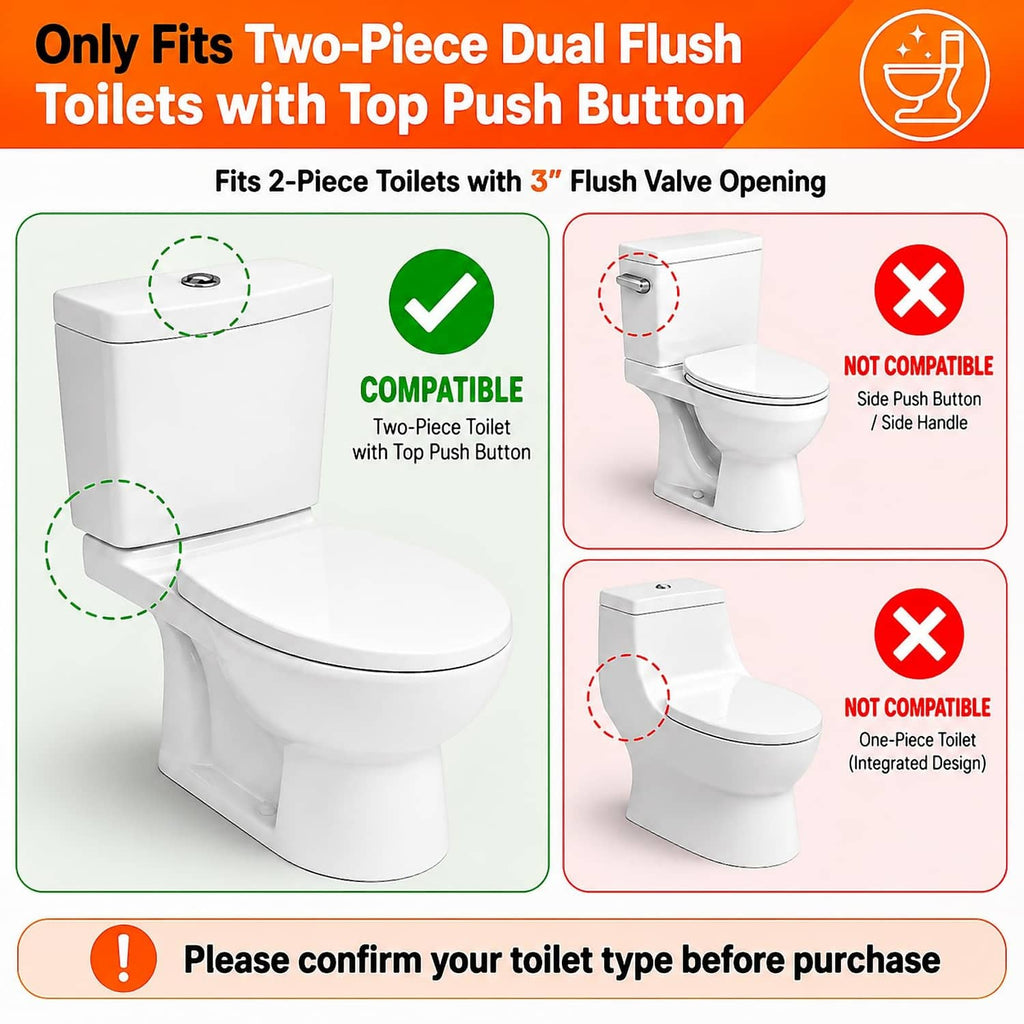 Dual flush toilet with top push button and 3-inch flush valve opening shown