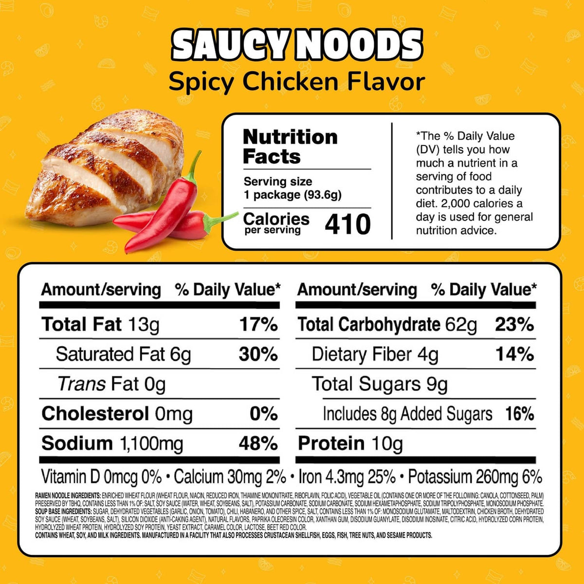 Maruchan Saucy Noods spicy chicken flavor nutrition facts panel