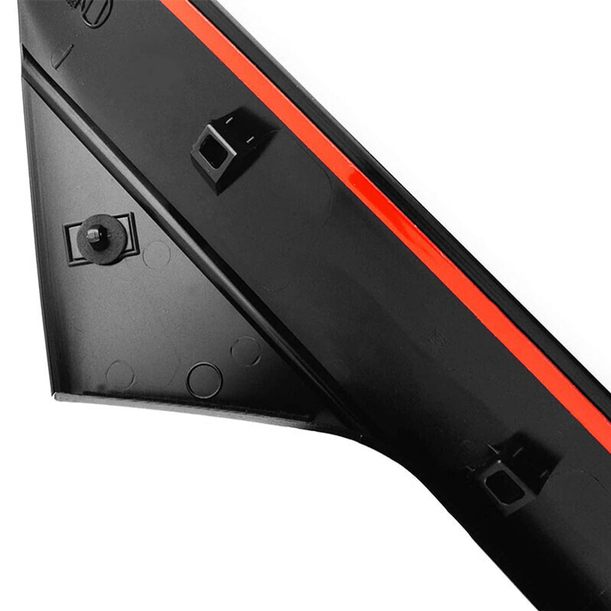 Close-up of black windshield pillar trim molding with red stripe and clips
