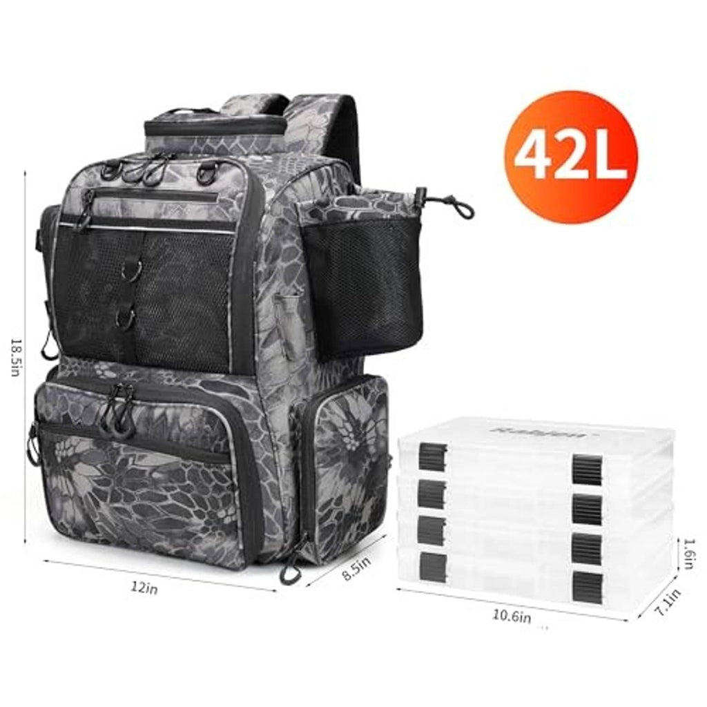 Camouflage black fishing backpack with stacked panels and white divided tackle box