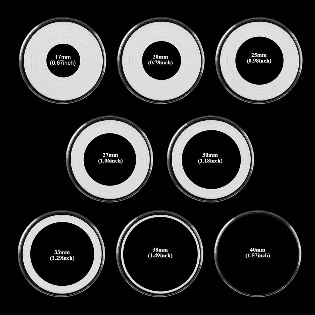 Set of clear plastic coin capsules, showing 7 different round insert sizes