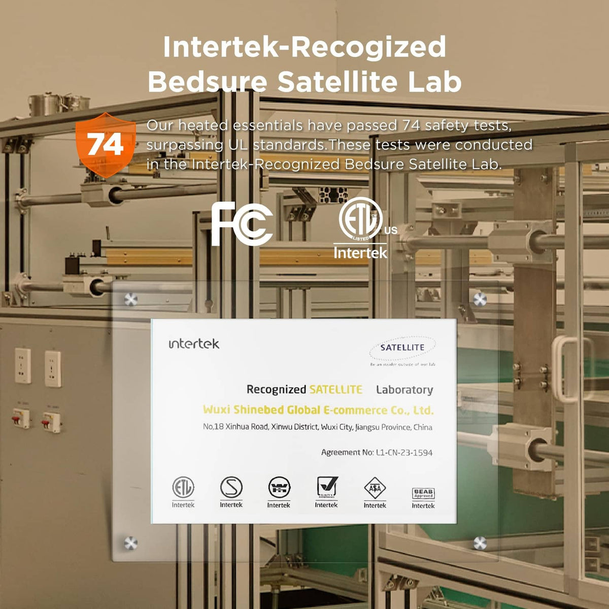 Heated mattress pad safety certification lab graphic with Intertek marks