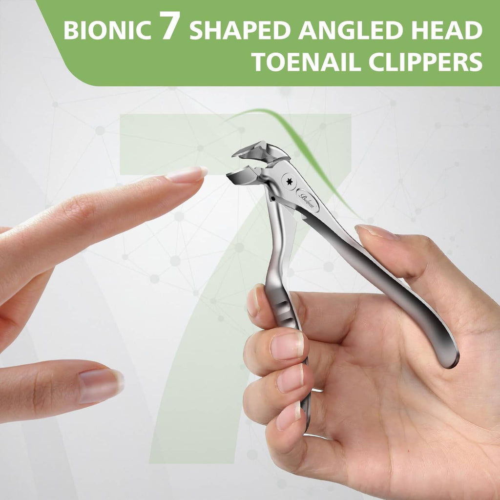 Bionic 7 shaped angled head toenail clipper held in hand