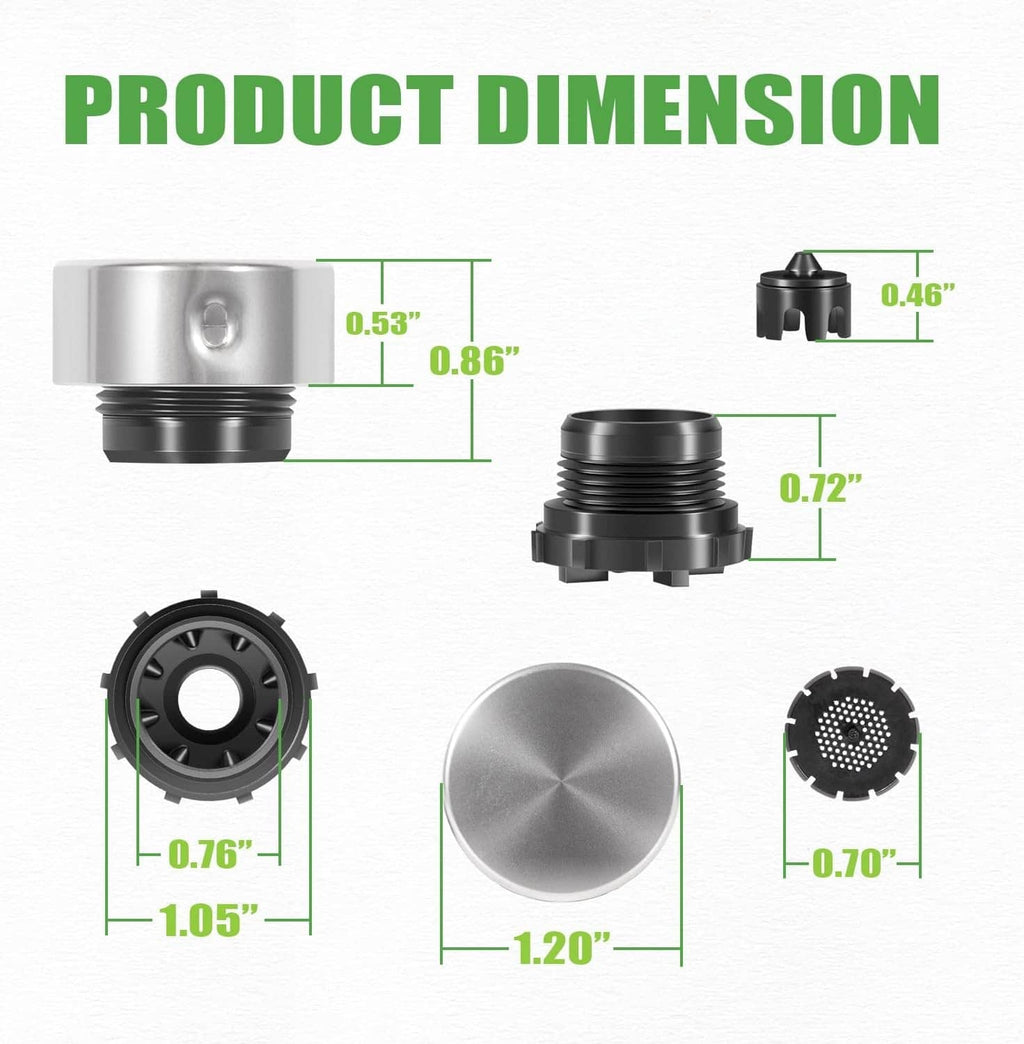 Vacuum breaker repair kit dimensions view with silver cap and black valve bonnet