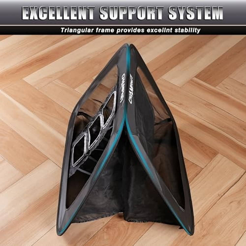 Triangular golf chipping net with black mesh and blue-edged frame