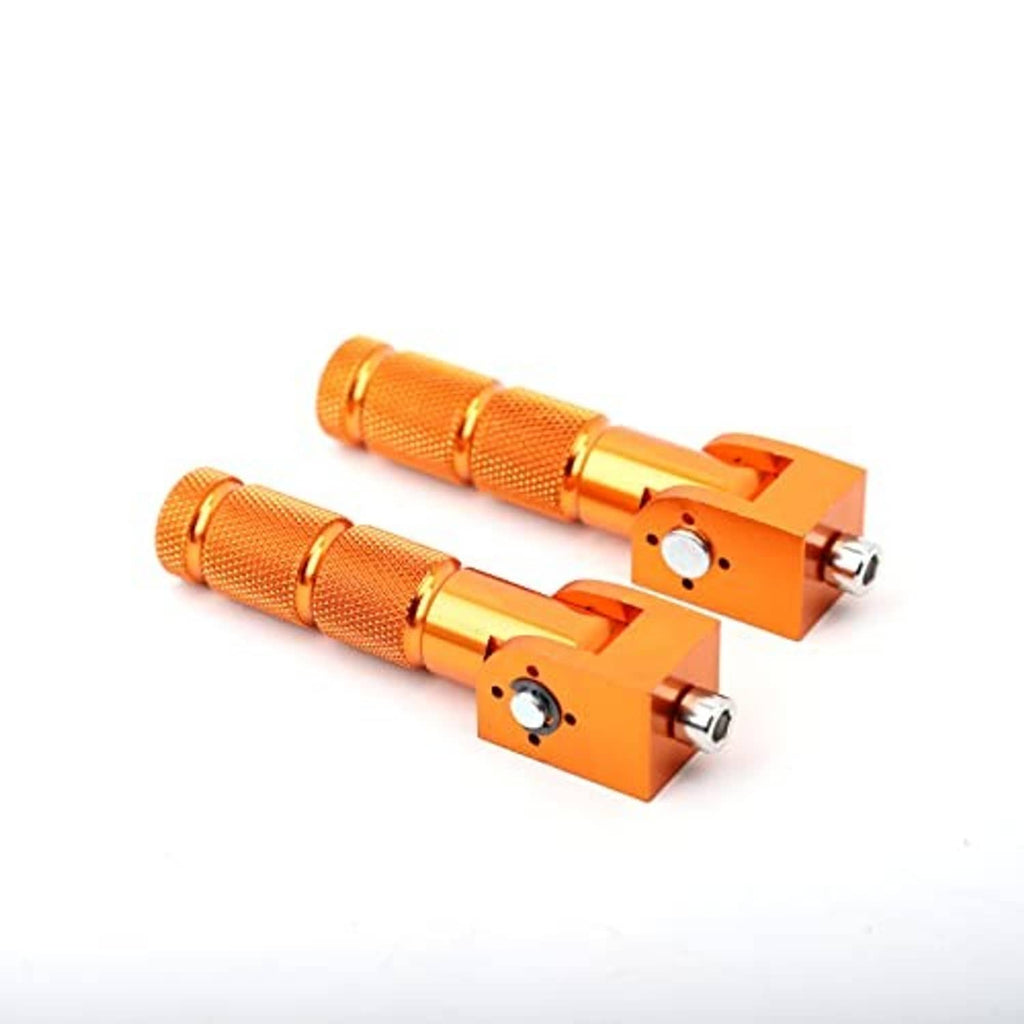 Orange CNC folding motorcycle foot pegs with knurled pedals, brackets, and metal accents
