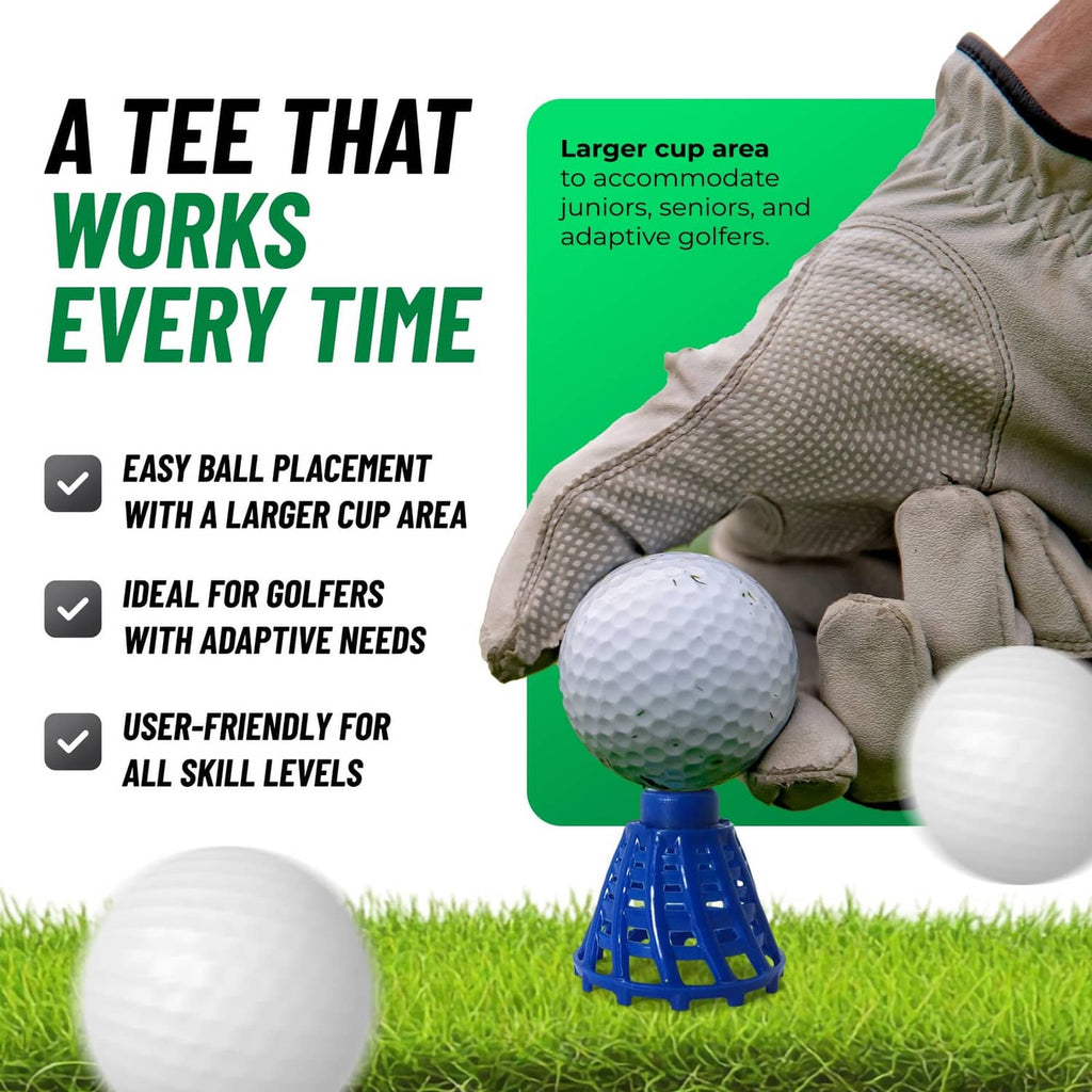 Blue golf tee with larger cup area and ribbed base, shown with ball