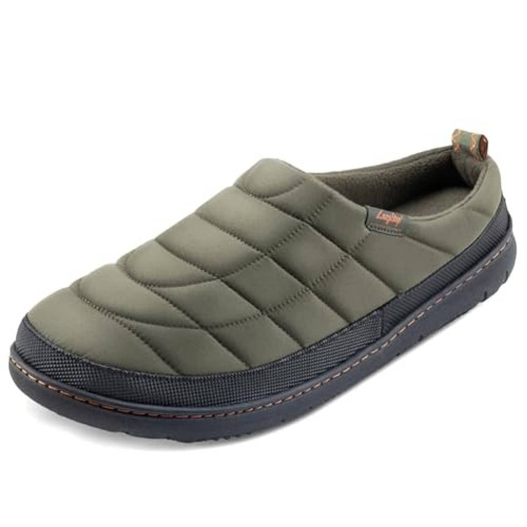 Men's olive green slip-on slippers with quilted banded upper and dark rubber outsole