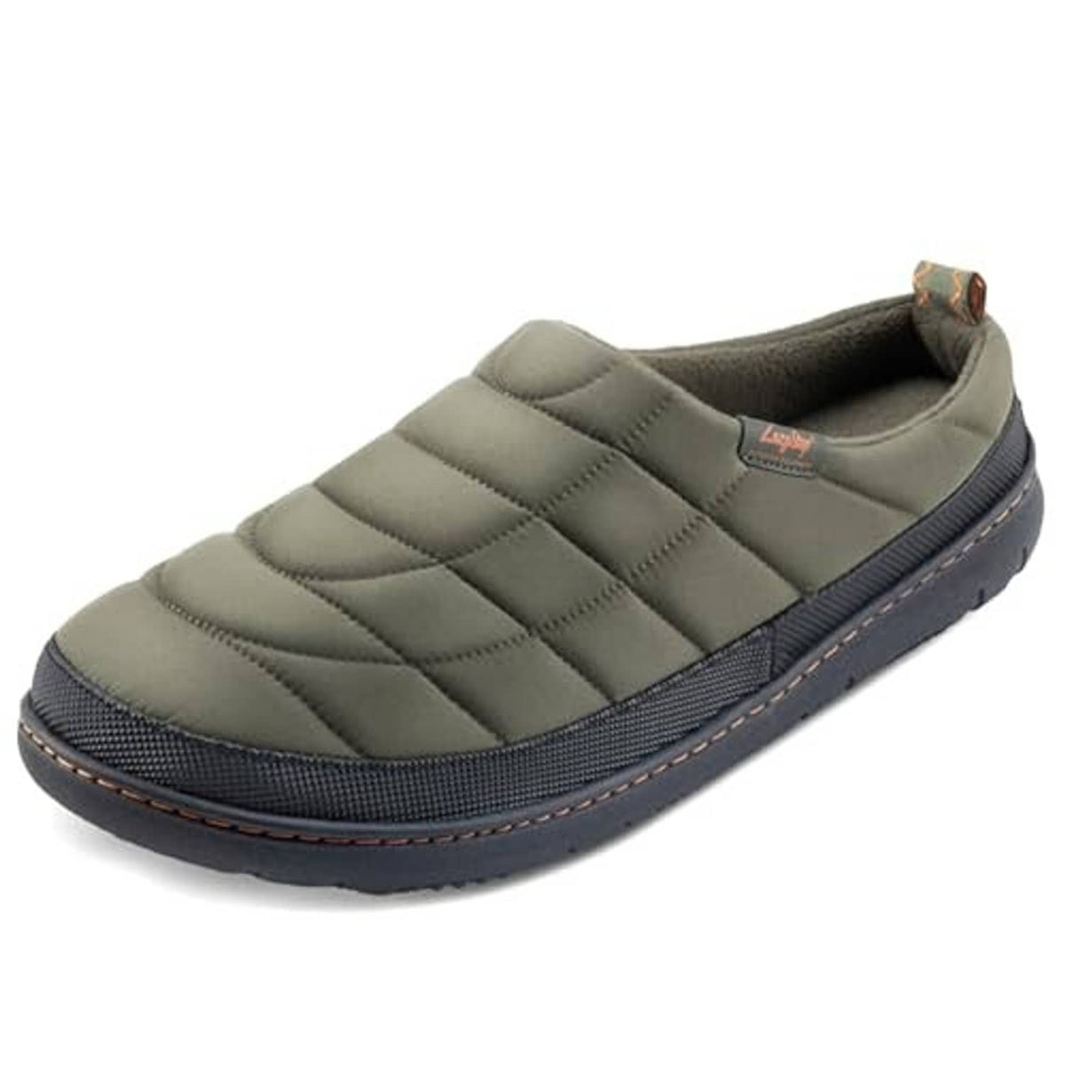Men's olive green slip-on slippers with quilted banded upper and dark rubber outsole