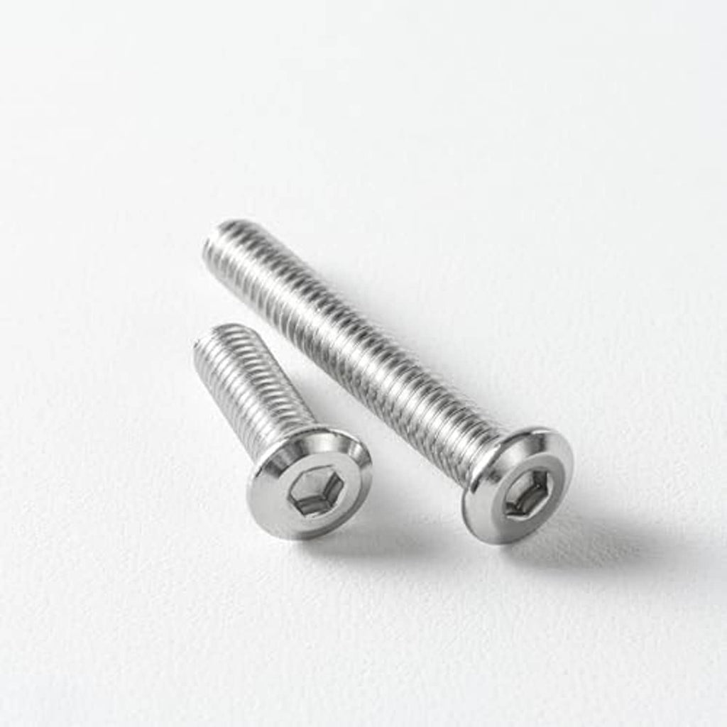 Two stainless steel socket cap screws with hex socket drive and flat countersunk heads