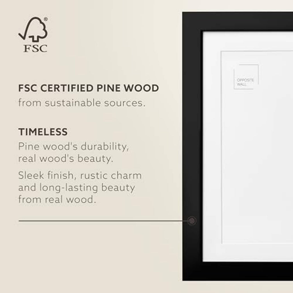 Solid pine wood picture frame with dark black finish and FSC-certified materials