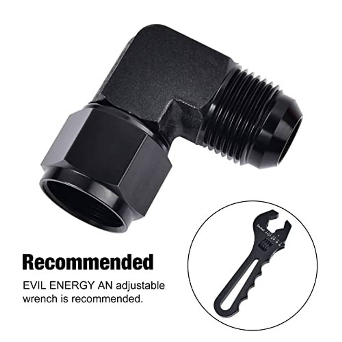 AN10 90-degree swivel flare adapter fitting, angled black aluminum body