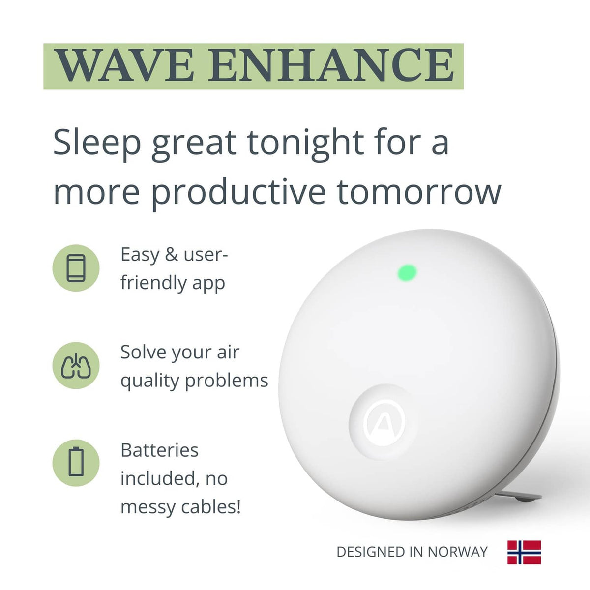 White indoor air quality monitor with green status light, front view
