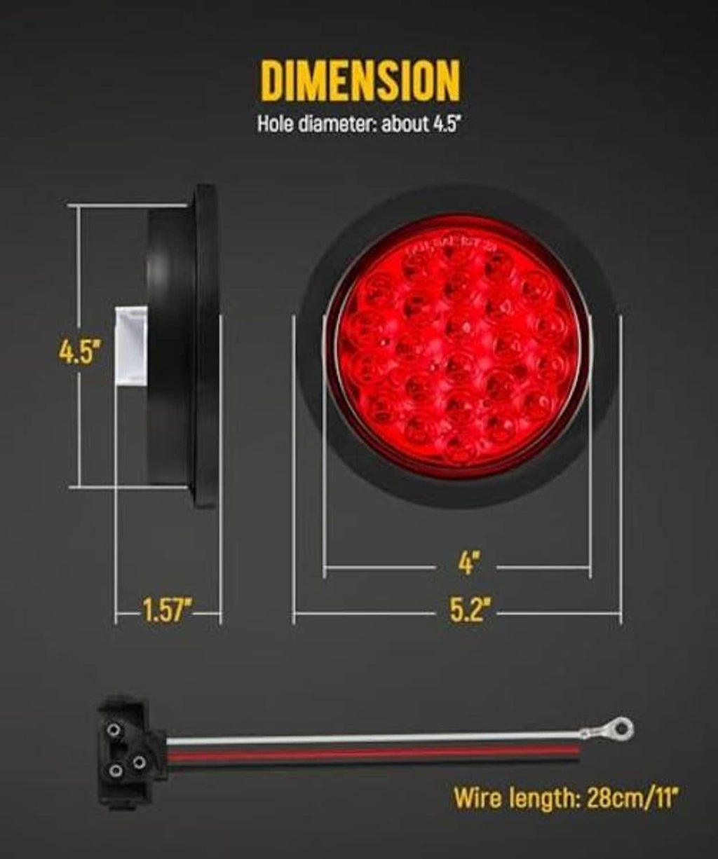 4-inch round red LED trailer light with size measurements and wire length label.