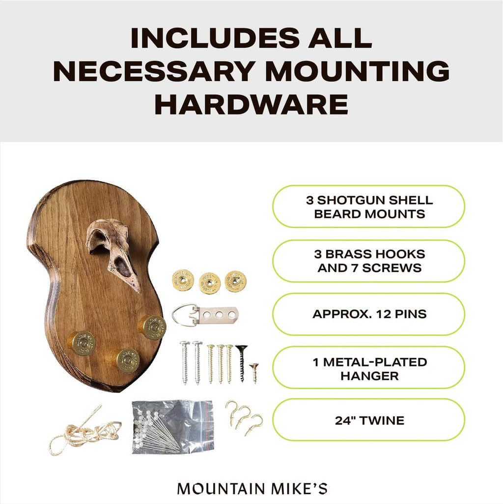 Turkey mounting hardware set with shotgun shell bead mounts, hooks, hangers, twine