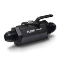 Black aluminum inline fuel shut-off valve with cable lever and male AN fittings